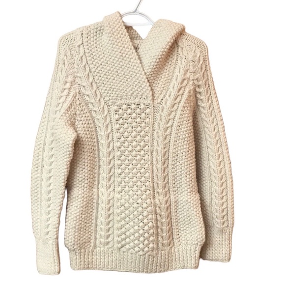 Hand Crafted Sweaters - Hand knit ivory Aran Bauble Cable hooded sweater